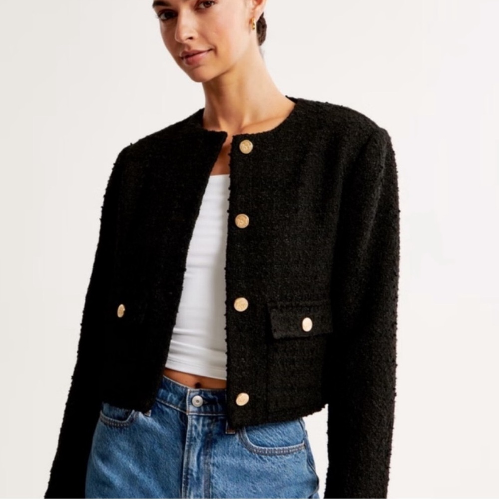 Abercrombie and Fitch Collarless Black Boucle Jacket with Gold Buttons